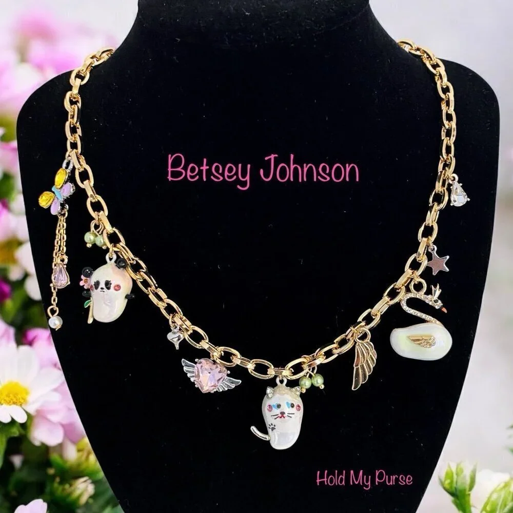 Betsey Johnson Jeweled Critters Charm Necklace & Mini Travel Jewelry Bag